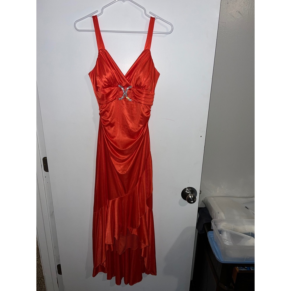 Deb Red Satin Formal Dress Medium Rhinestone Buckle Ruffle High Low Gown